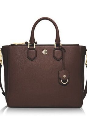 TORY BURCH Robinson Pebbled Square Tote Satchel Crossbody, Dark Brown, Like New!